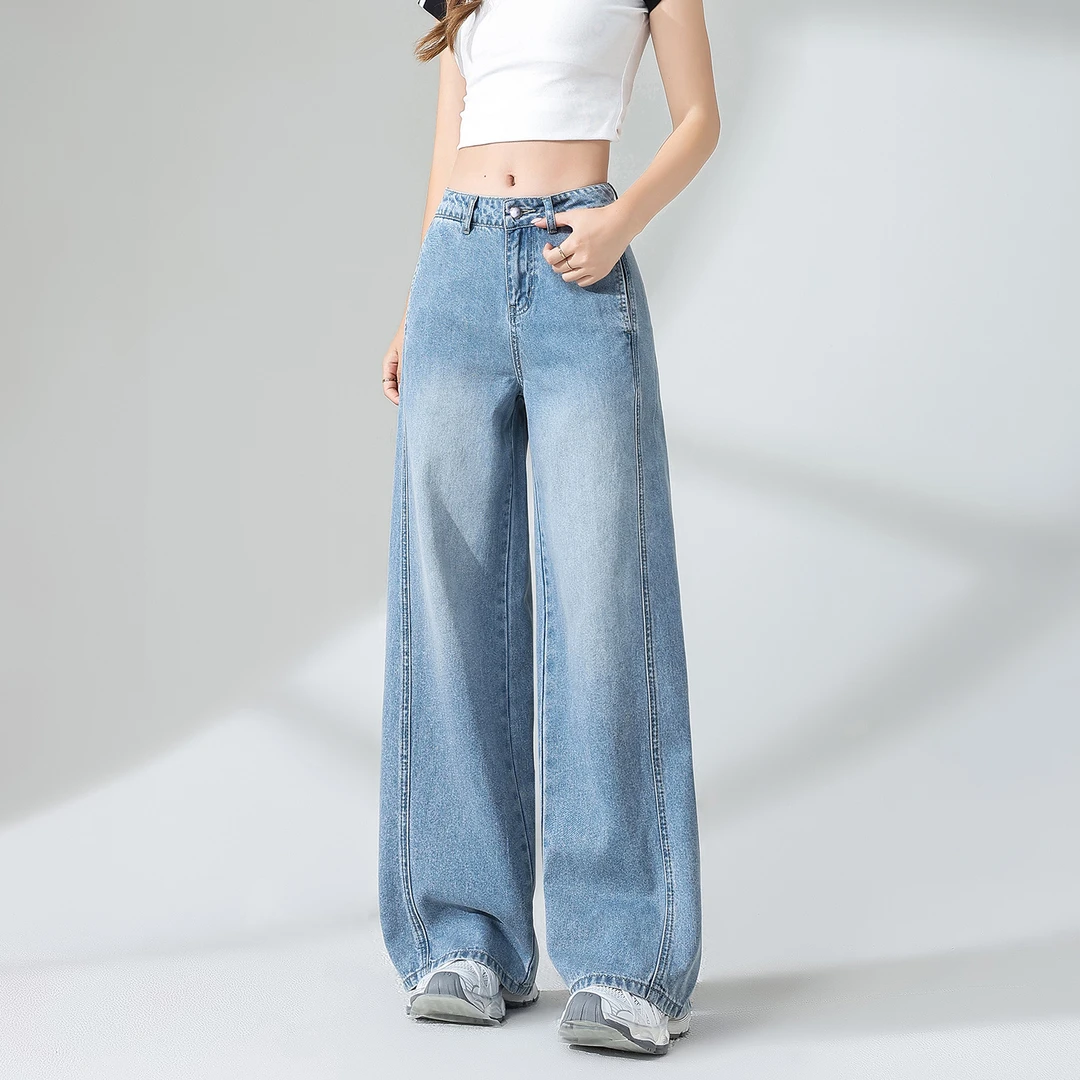 宋智雅浅蓝阔腿牛仔裤女款夏薄款新款高腰显瘦垂感宽松直筒裤子