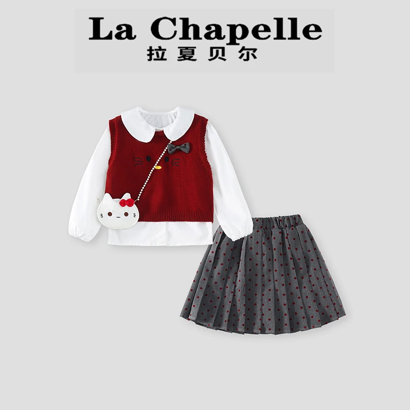 La Chapelle【拉夏贝尔】秋季新款猫咪针织马甲儿童三件套LA1864