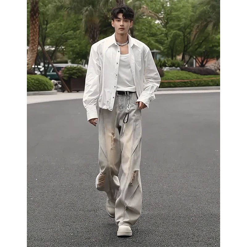 美式复古破洞牛仔裤男款夏季潮牌痞帅炸街裤子乞丐高裆弯刀微喇裤