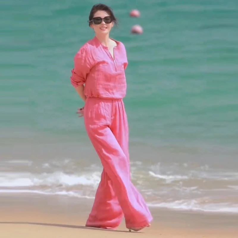 时尚简约设计感休闲套装宽松显瘦遮肉衬衫垂感高腰阔腿裤两件套