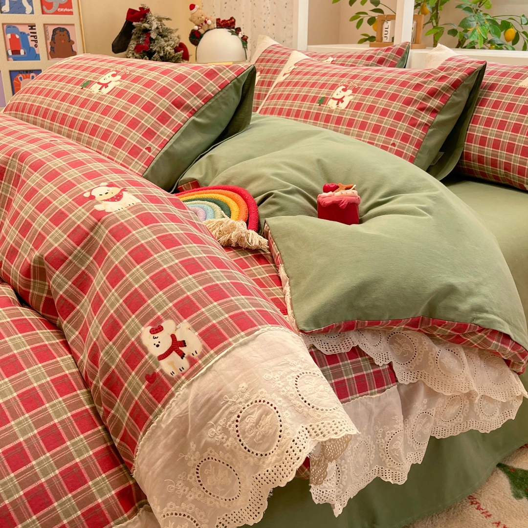 加厚纯棉磨毛床上四件套卡通全棉被套床单2025新款花边款床品床笠