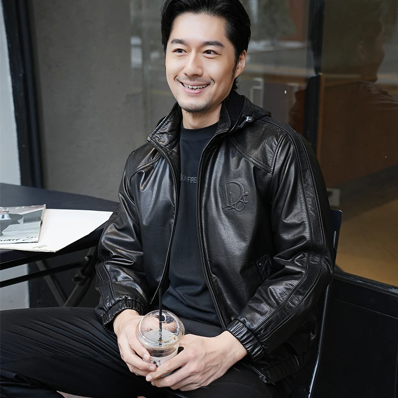 海宁真皮牛皮皮衣男2025新款连帽可脱卸桑蚕丝内胆加厚皮夹克外套