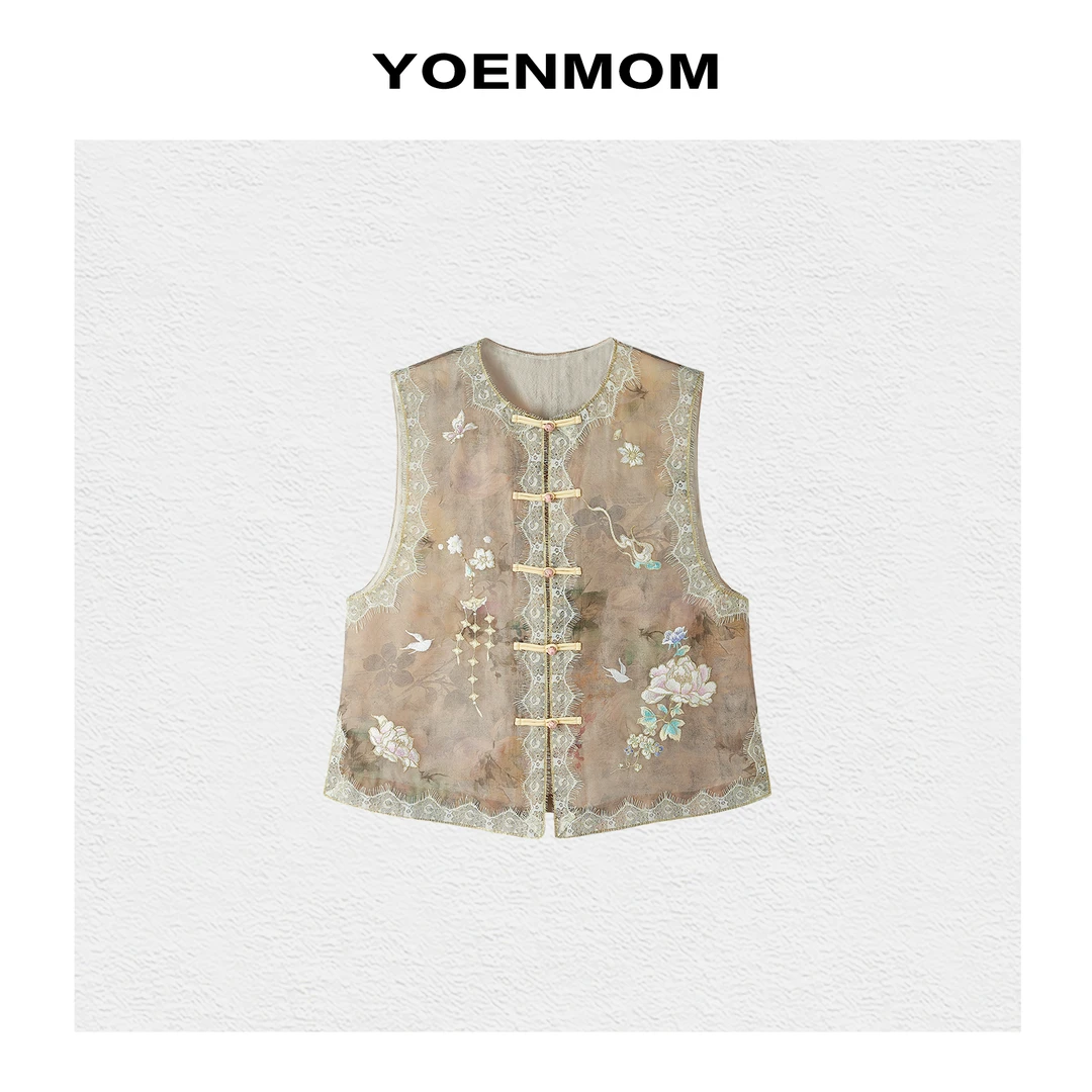 YOENMOM·好春光·春夏新品 100桑蚕丝欧根纱刺绣蕾丝边对襟款马甲