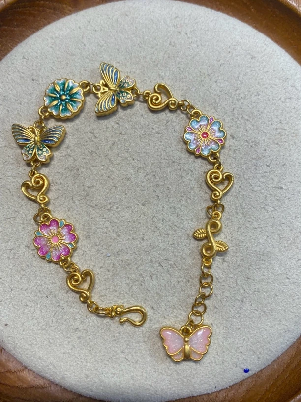 足金999烧蓝蝴蝶花手链16.5cm