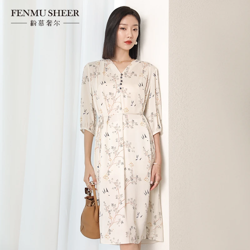 【小余专属】粉慕奢尔『莫奈花园风』重磅桑蚕丝气质连衣裙-D1501