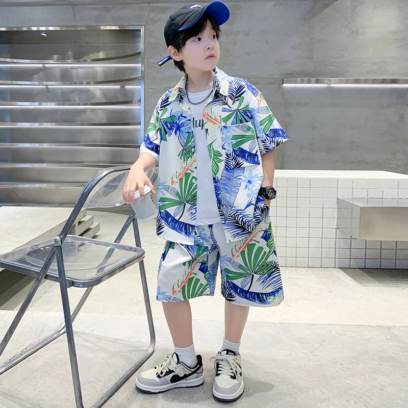 男童夏装套装2025新款中大童夏季男孩薄款儿童短袖衬衫沙滩休闲潮