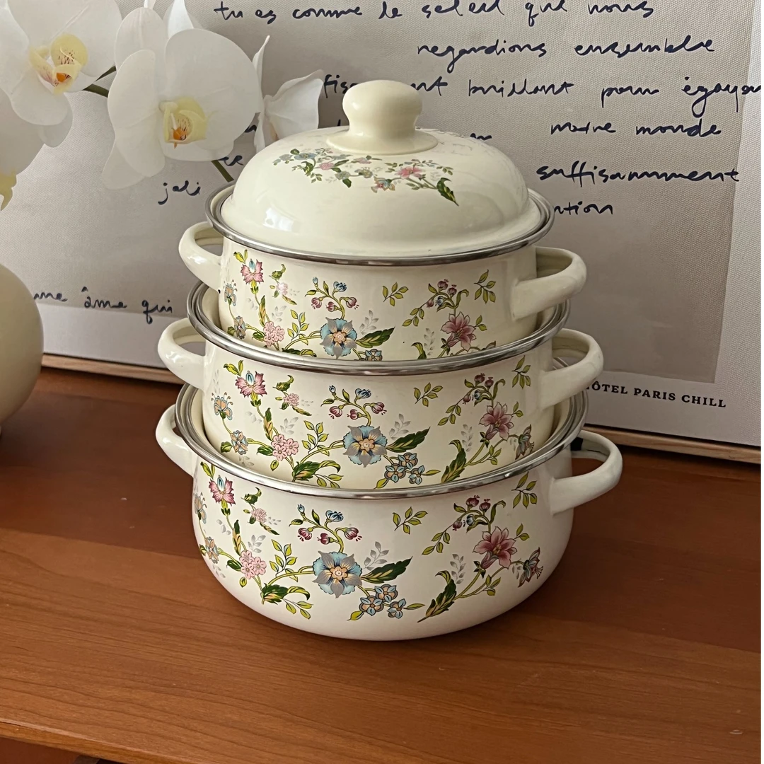 蘑菇家居芳香搪瓷锅三件套加厚珐琅锅汤锅奶锅宝宝辅食锅泡面