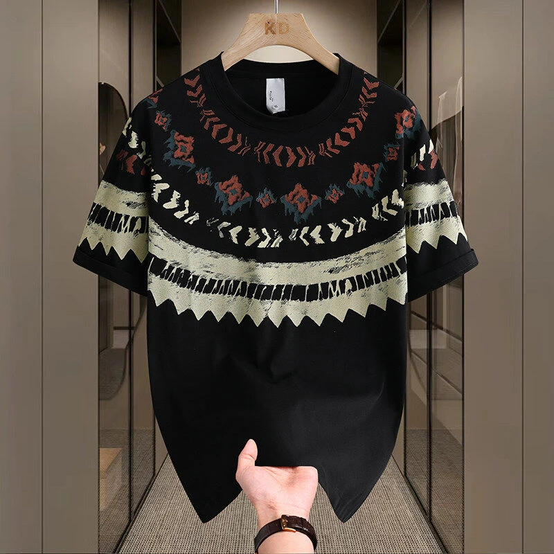 夏季棉质宽松T恤印花男士潮流时尚透气休闲百搭圆领短袖1193