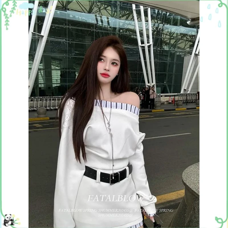 洋气休闲运动套装女秋季韩系修身斜肩撞色长袖卫衣半身裙子春秋一