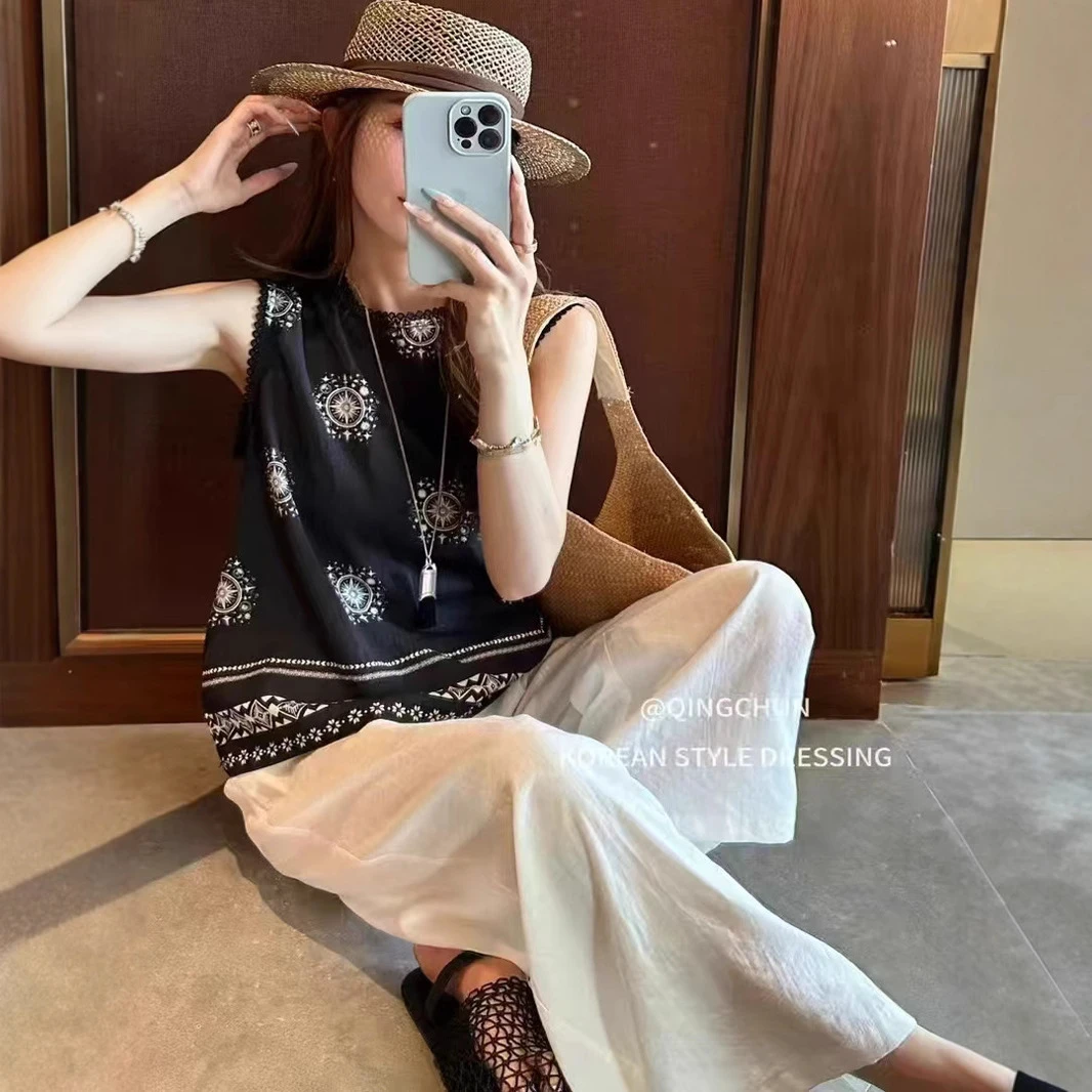 新中式国风印花无袖背心衬衫+阔腿裤两件套女2025夏季新款套装潮