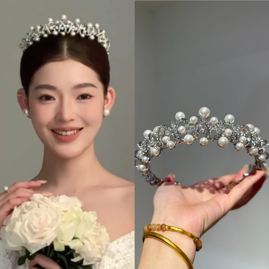 17795新娘结婚ete珍珠小皇冠头饰韩式简约缎面生日公主王冠结婚