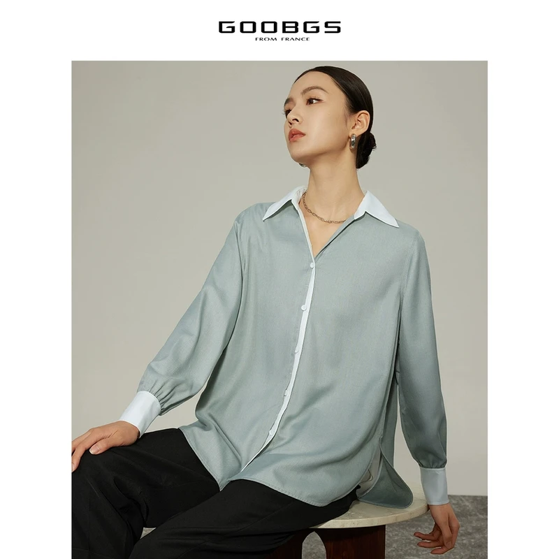谷邦GOOBGS 绿色V领撞色长袖衬衫  G2311622