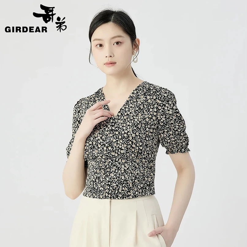 GIRDEAR/哥弟法式田园风印花V领短袖衬衫130049