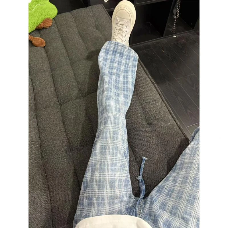 美式复古蓝色格纹牛仔裤男夏季薄款慵懒风格子裤抽绳直筒休闲裤子