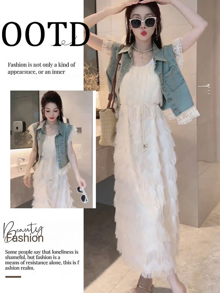 法式温柔风套装裙夏季新款高端精致设计感拼接蕾丝牛仔外套连衣裙
