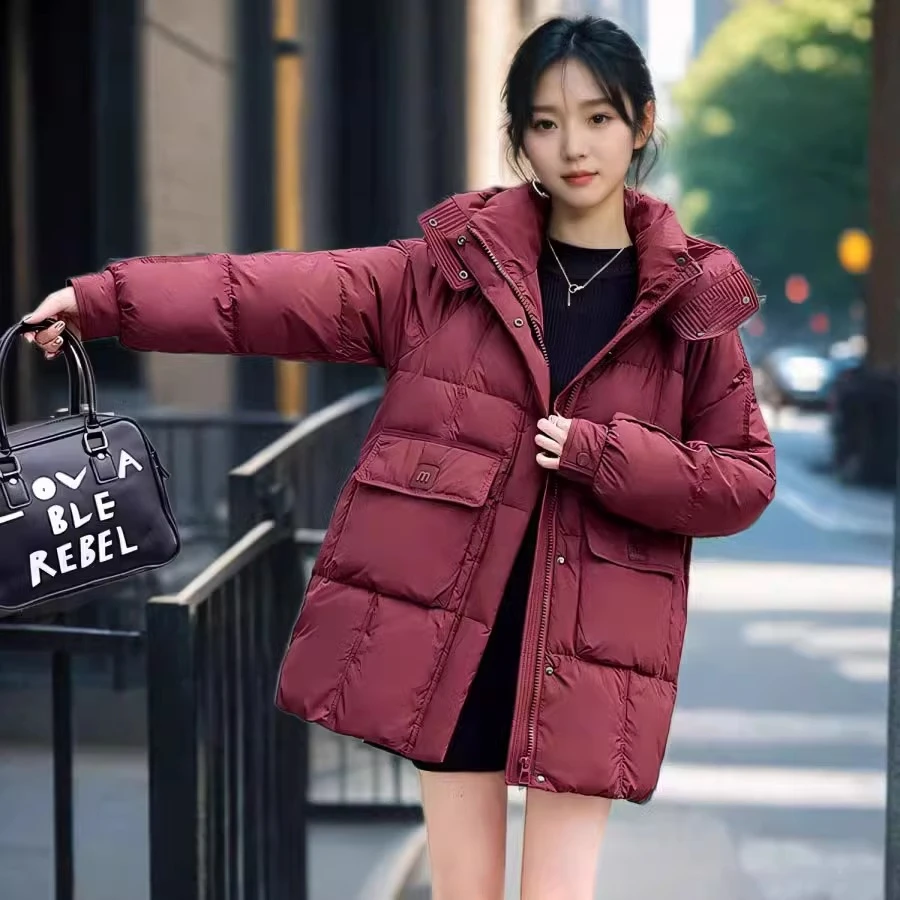 羽绒服2025新款冬季加绒加厚小个子中长款面包服90白鸭绒外套女