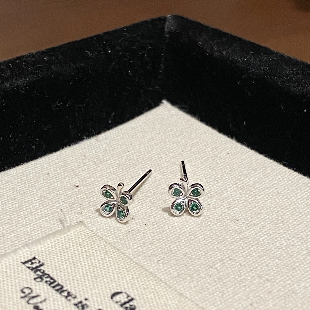 925银合成锆石耳饰 绿色四叶草耳钉夏日清新精致A2594