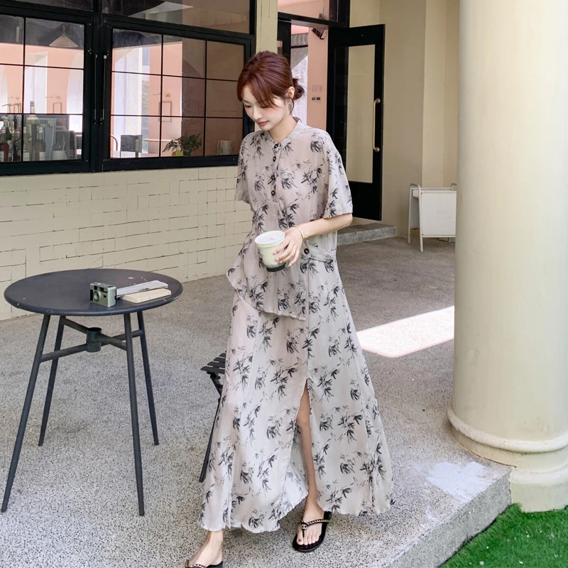 新中式国风连衣裙女2025夏季新款优雅气质温柔风水墨竹叶印花裙子