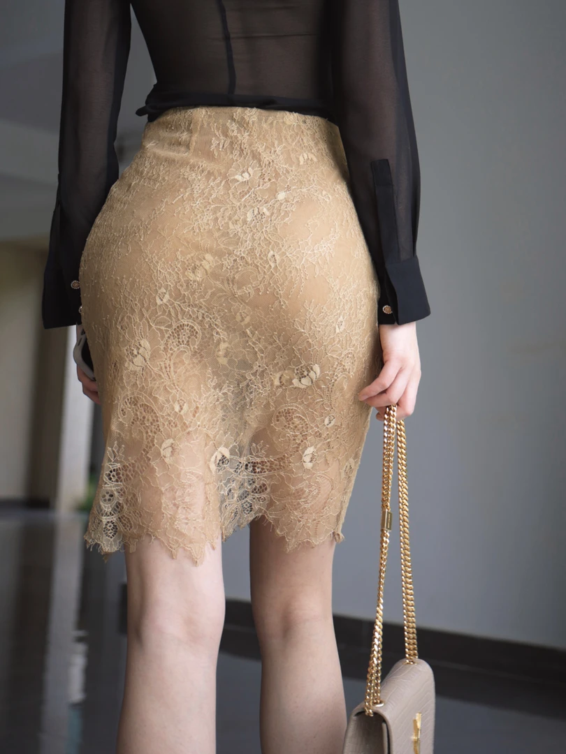 猫咪自制 轻薄微透三层过渡弹力微包臀鎏金女士蕾丝半身裙