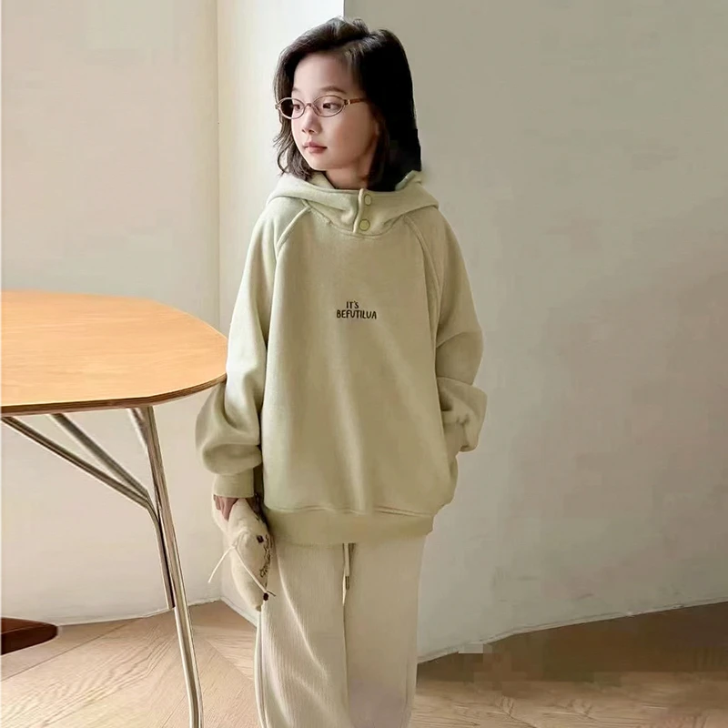 冬季新款加绒帽衫女大童中大童连帽上衣休闲宽松潮zb3797简约童品