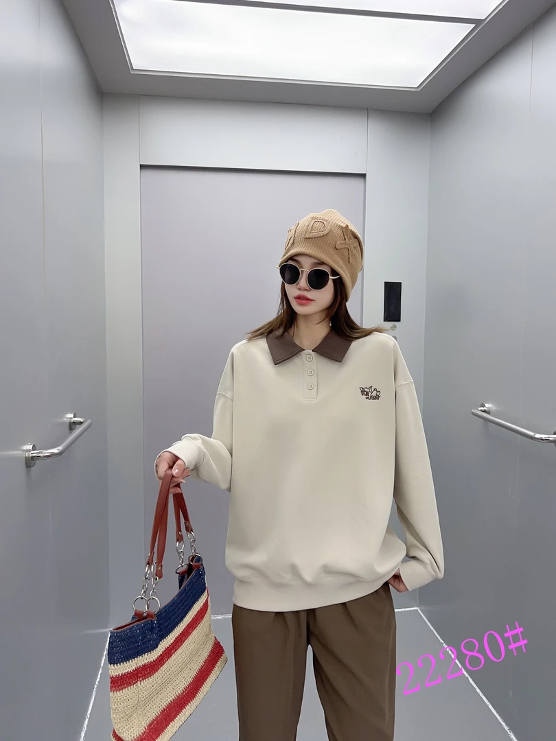 时尚撞色POLO领刺绣卫衣春季女装新款韩版休闲百搭套头上衣纯色