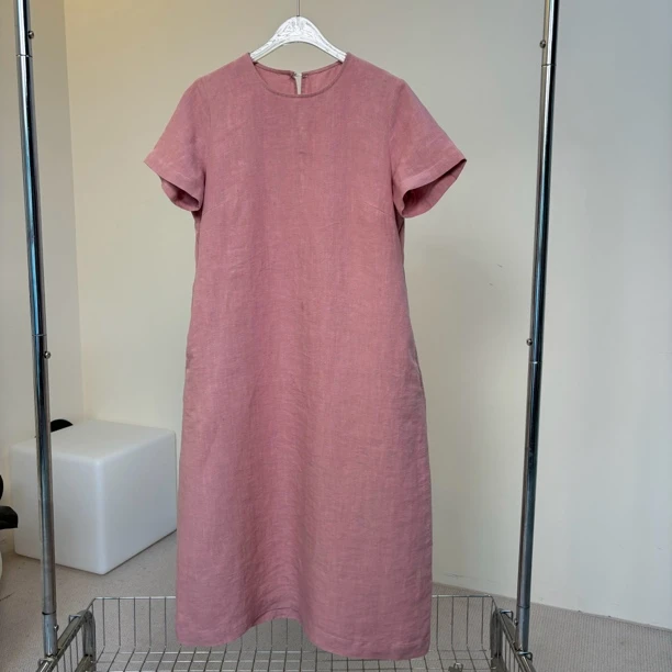 【柳条儿】24公支 100%汉麻 圆领短袖H型后开叉连衣裙