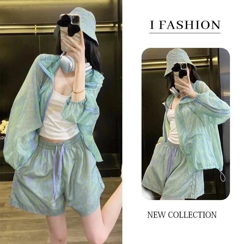 夏季时尚显瘦防晒衣套装女2025年新款运动休闲连帽外套短裤两件套