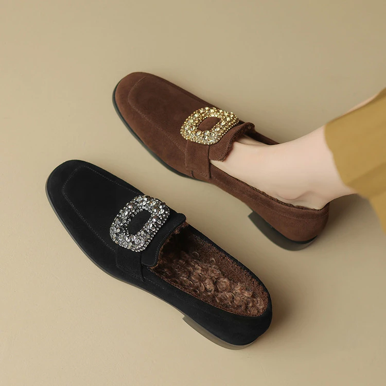 里外纯皮～羊皮2.5cm方头复古加绒乐福鞋浅口单鞋秋冬复古粗跟新款