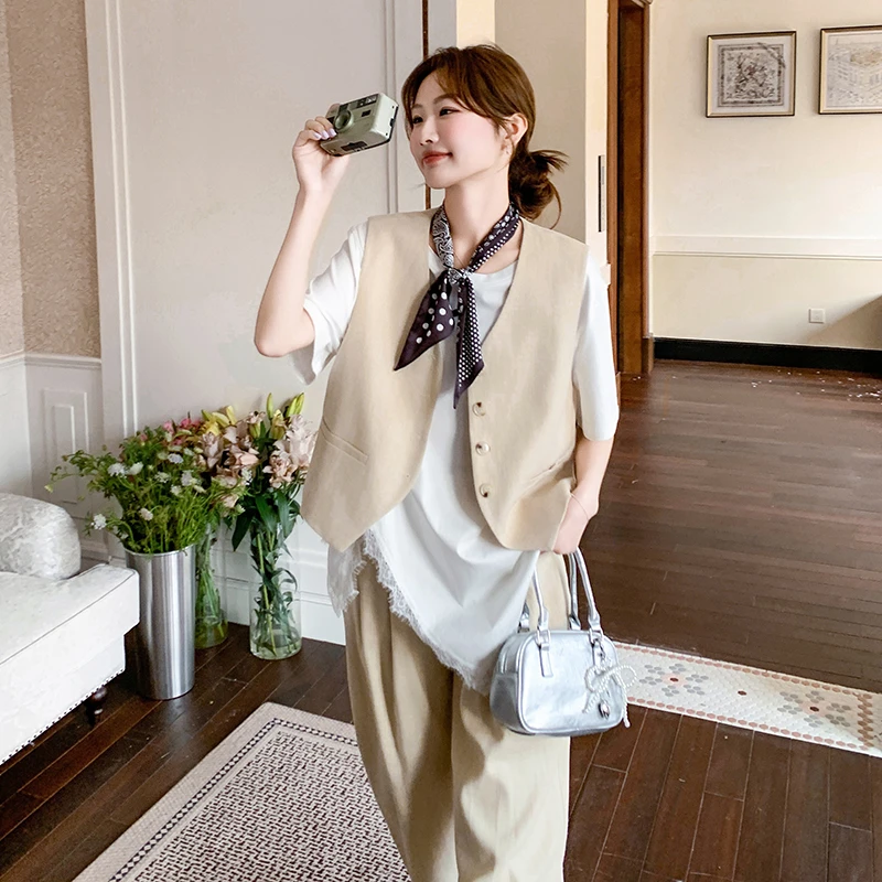 米色西装马甲套装女2025夏季新款ootd穿搭高级感休闲阔腿裤两件套