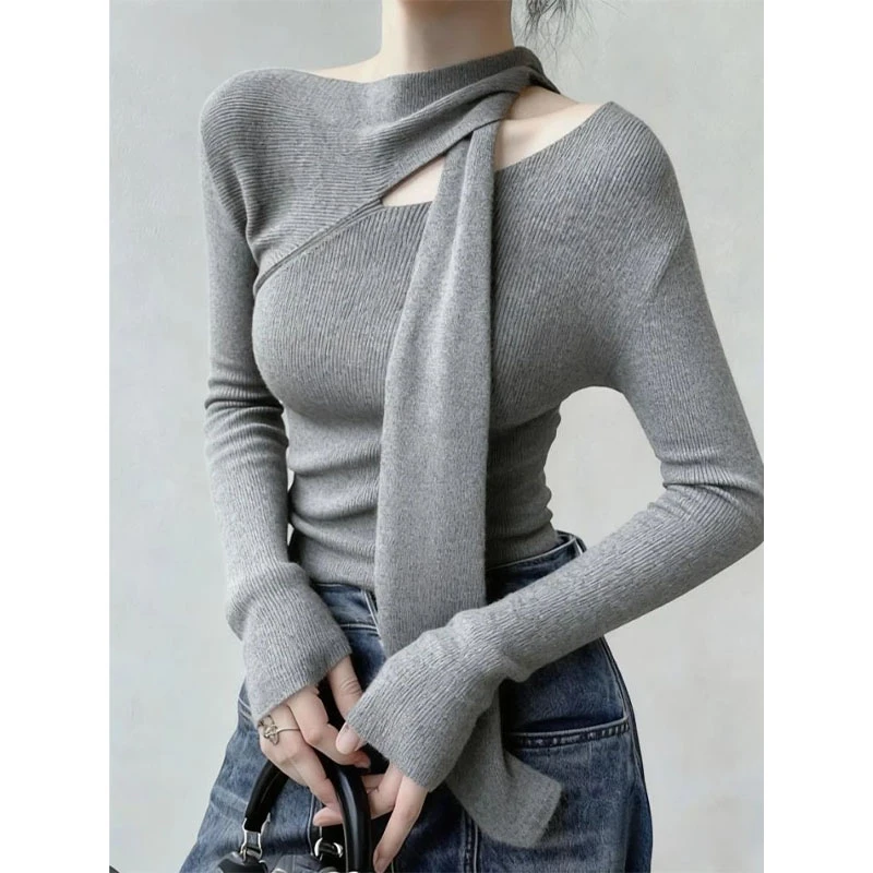 秋季独特超好看单穿上衣法式小众设计感洋气减龄通勤风灰色针织衫