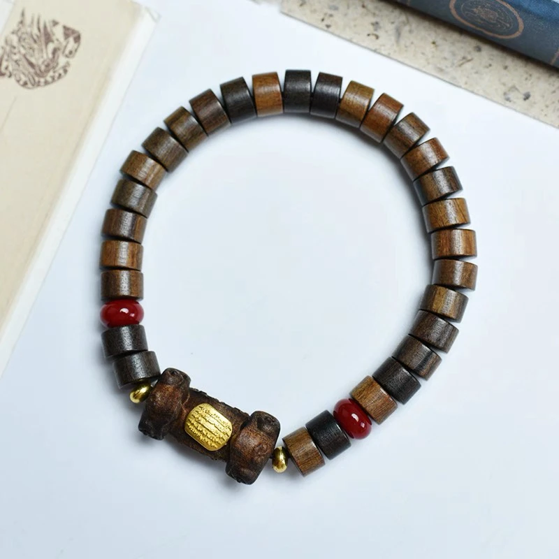 沉香木雕如意算盘珠-镶嵌五条经印尼木雕原木雕精工手串