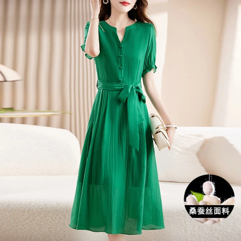 杭州大牌冰丝连衣裙女夏季2025新款高端收腰显瘦桑蚕丝小个子裙子