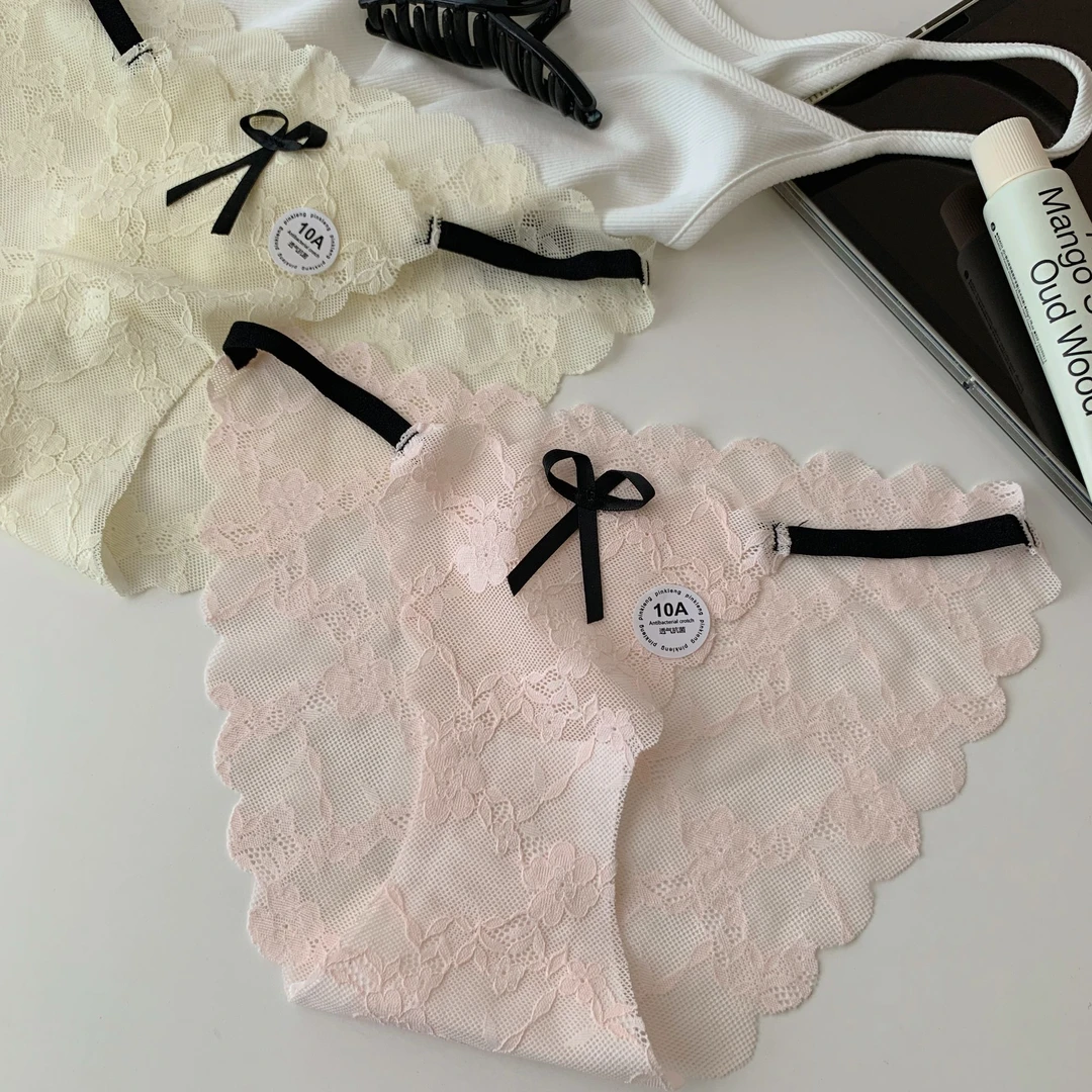 甜美少女粉日系蕾丝网纱纯欲性感镂空三角女士内裤蝴蝶结透气夏季