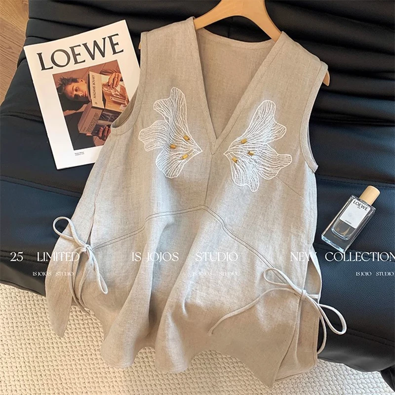 老钱风复古刺绣V领背心女夏季2025新款高级百搭宽松显瘦无袖上衣