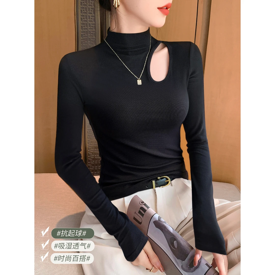 黑色半高领镂空打底衫女内搭高级感春秋新款长袖t恤洋气螺纹上衣