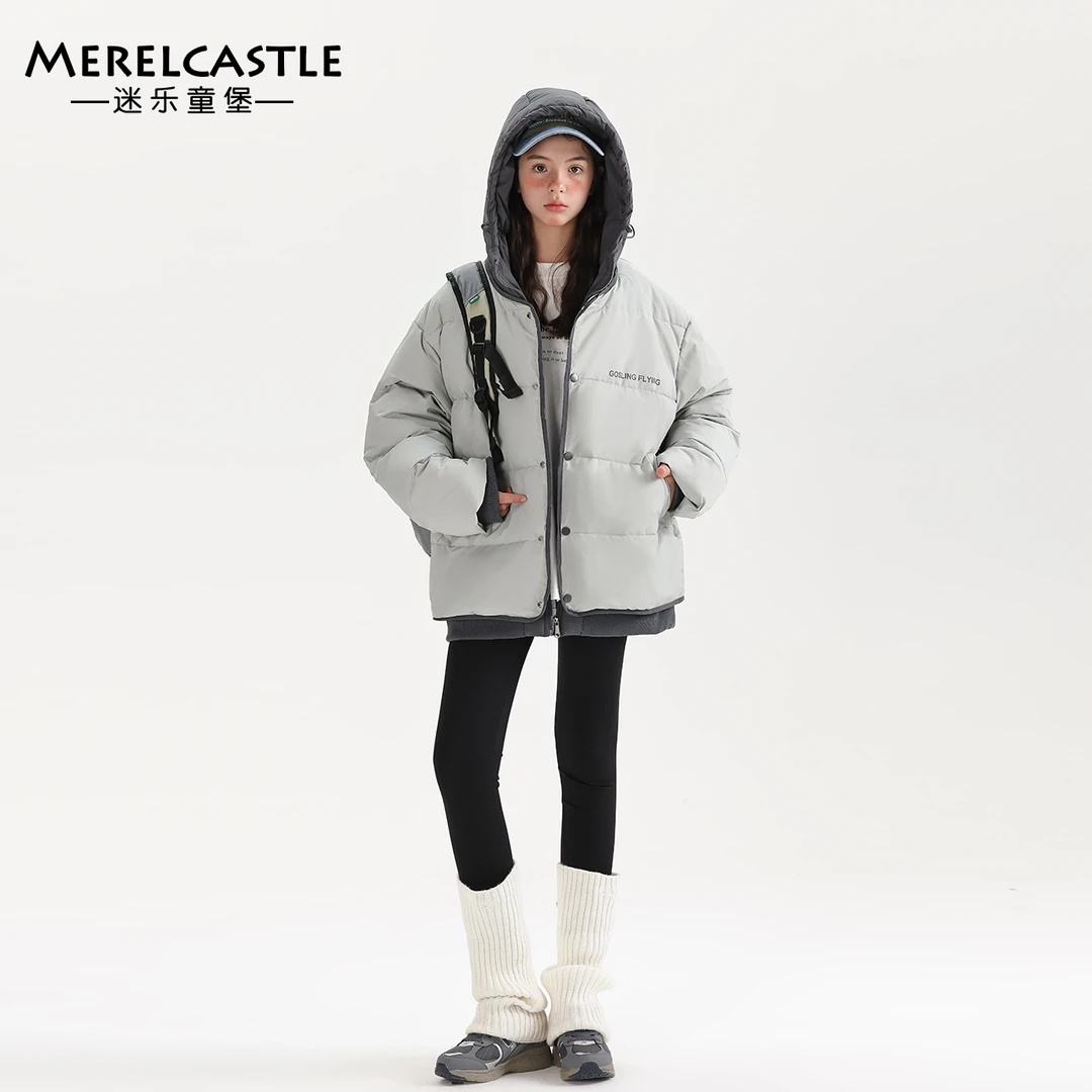 C4447女大童冬季加厚夹棉保暖外套2024新款青少年装连帽棉服