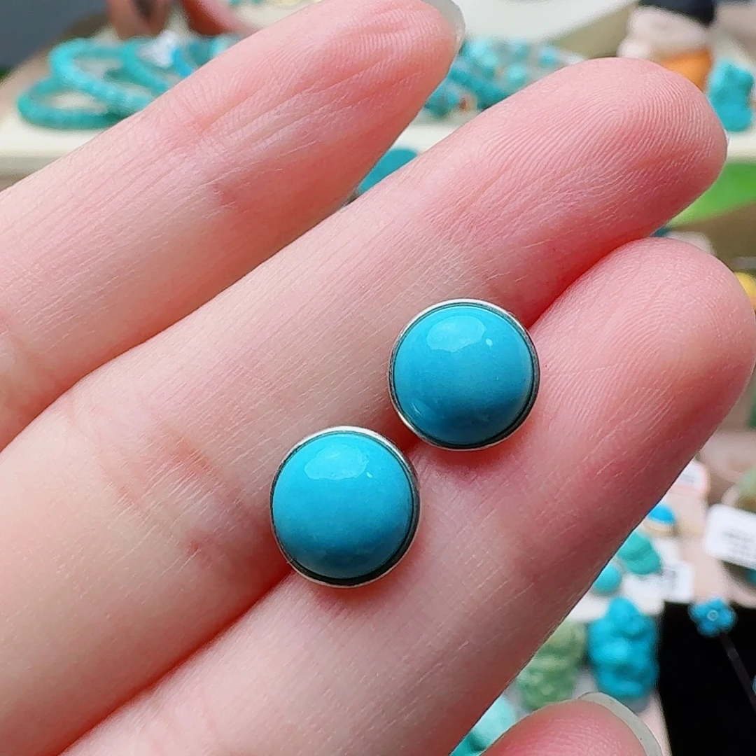 绿松石银S925镶嵌高瓷高蓝正圆耳钉