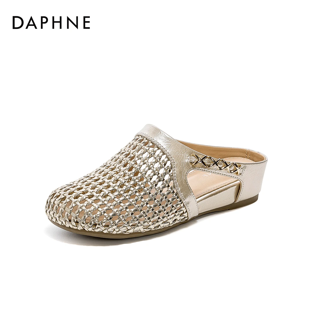 达芙妮百搭编织镂空包头拖鞋女2025夏季新款网面透气软底舒适凉鞋