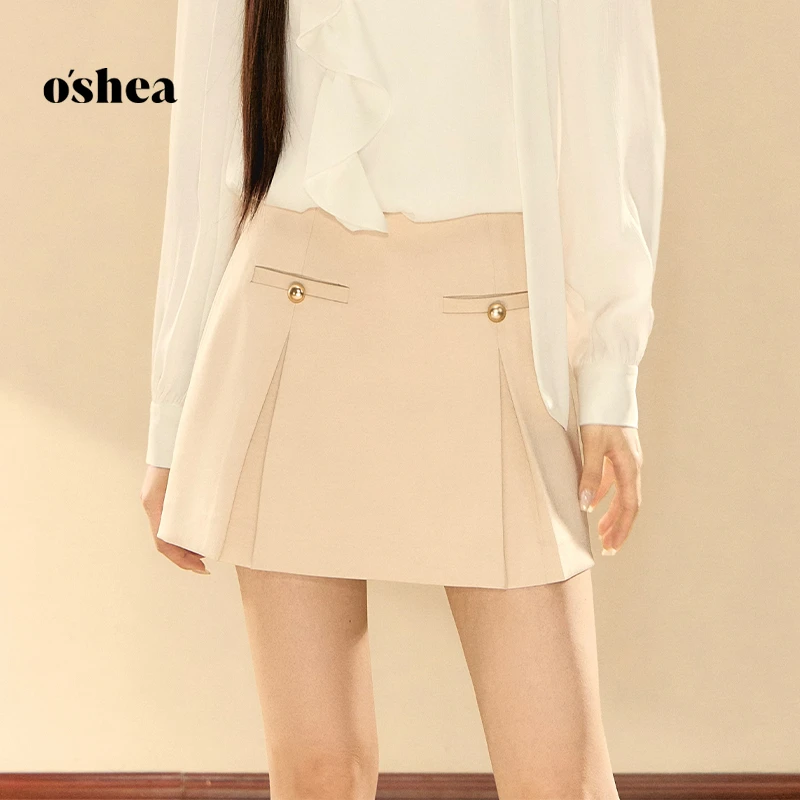 oshea【官方专享】奶油褐法式a字短裙半身裙女夏季高腰显瘦金扣裙裤