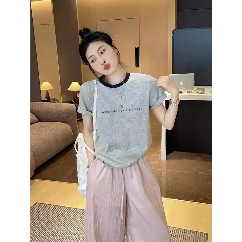 2025新款正肩纯棉撞色短袖T恤女装ins小众时尚百搭洋气减龄上衣夏