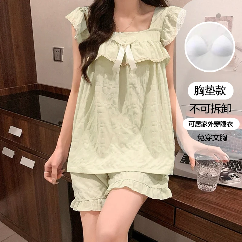 吊带短裤睡衣女夏季纯色两件套装可爱公主带胸垫家居服9024