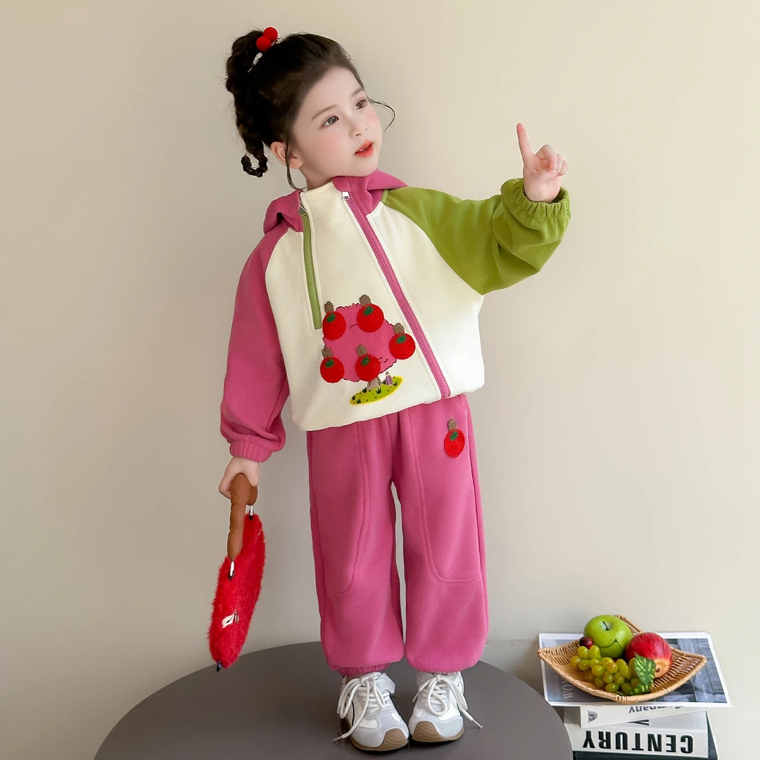 女童套装春秋款2025新款洋气双拉链苹果小女孩休闲卫衣卫裤两件套