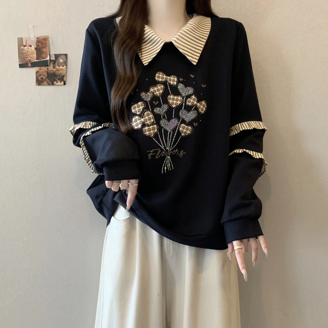 大码胖mm秋冬2025新款高级感韩系重工拼接爱心显瘦减龄长袖卫衣女