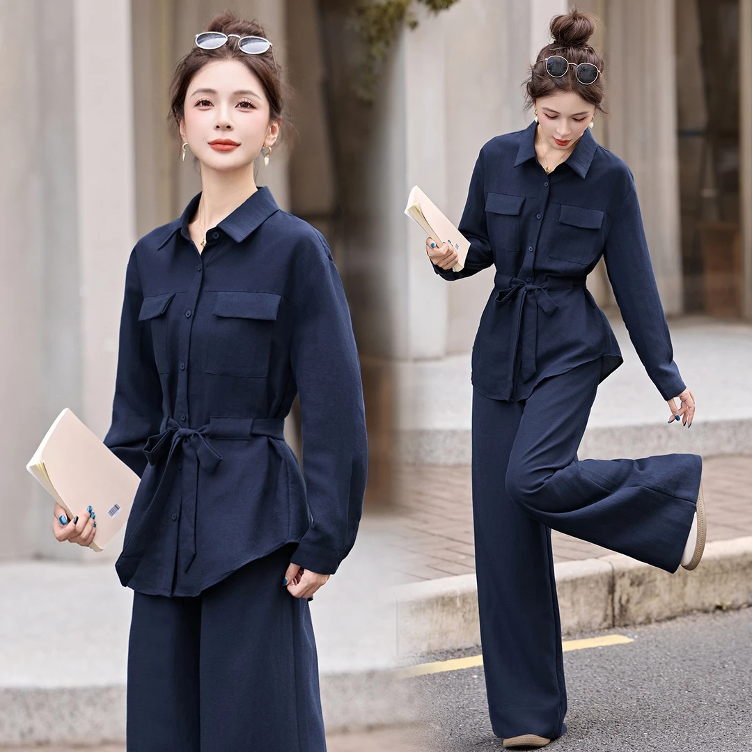 休闲风法式韩版时尚套装2025新款春秋显瘦气质长袖收腰显瘦阔腿裤