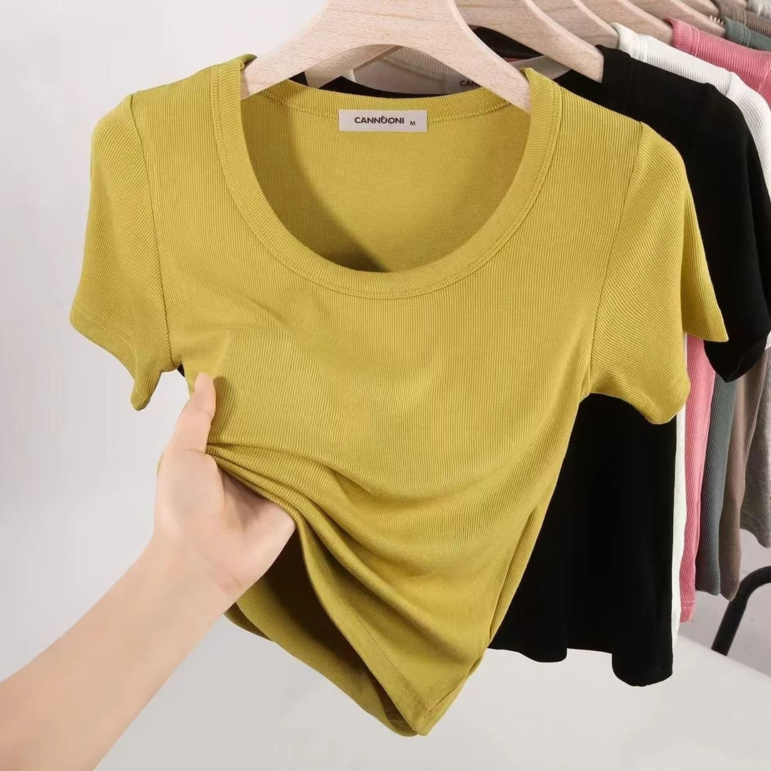 短款纯色短袖设计感有弹力修身韩版夏季日系方领T恤
