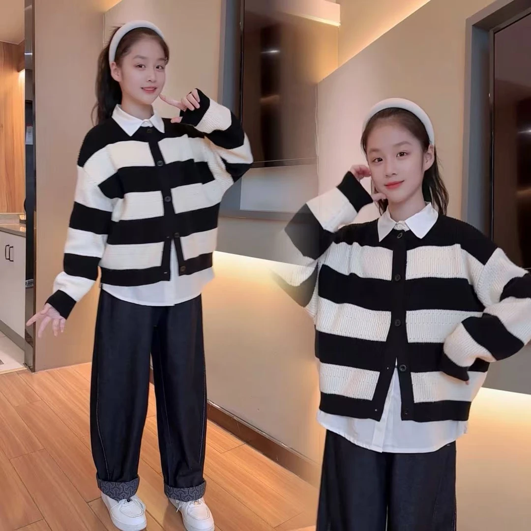 女童春秋款针织黑白条纹开衫三件套中大童时尚衬衫牛仔弯刀裤套装