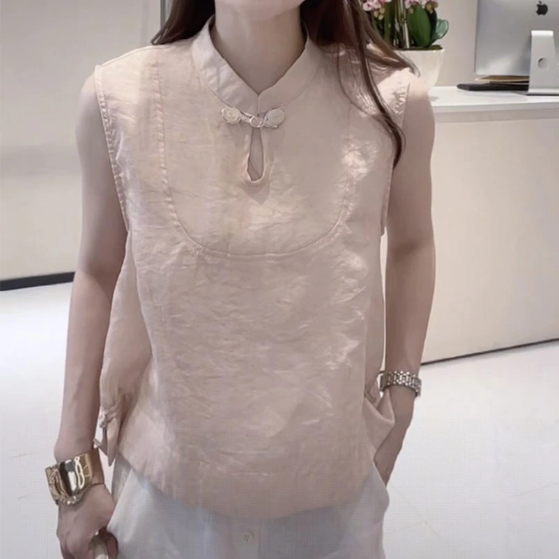 夏季设计款国风复古盘扣潮流洋气时尚无袖宽松舒适透气中式上衣