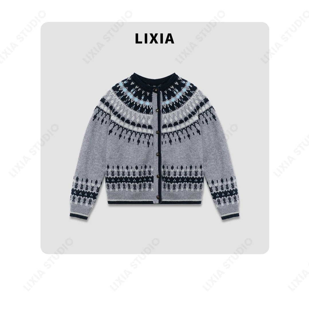 LIXIA【曼岛】提花韩版私物费尔岛圆领开衫-A8593