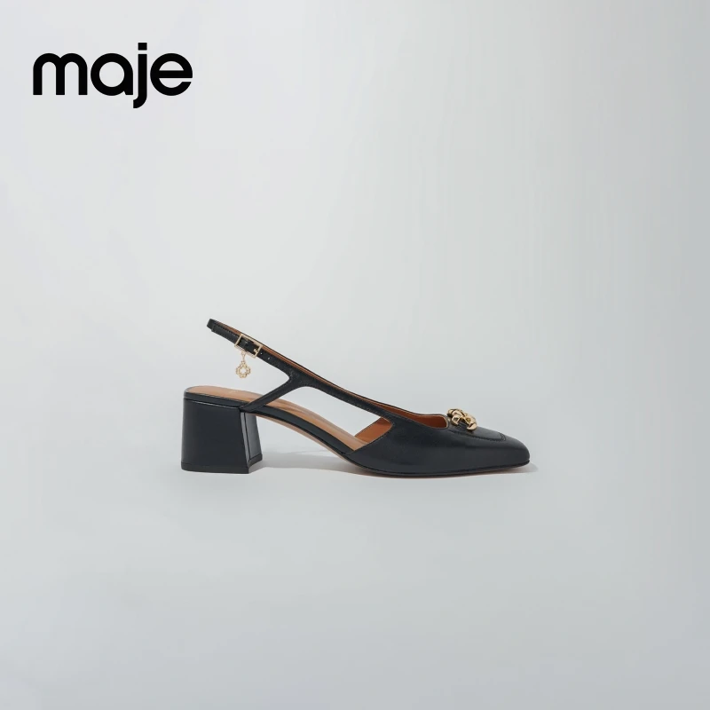 Maje秋冬新款女装女士法式粗跟方头牛皮革女式凉鞋MFACH00644