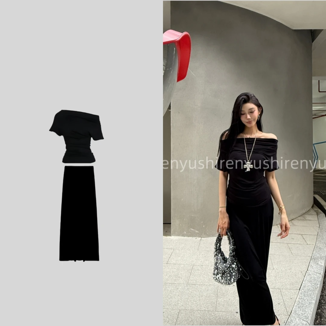 【林下风致】夏季法式巴黎气质松弛感多穿斜领T恤显瘦半身裙套装女